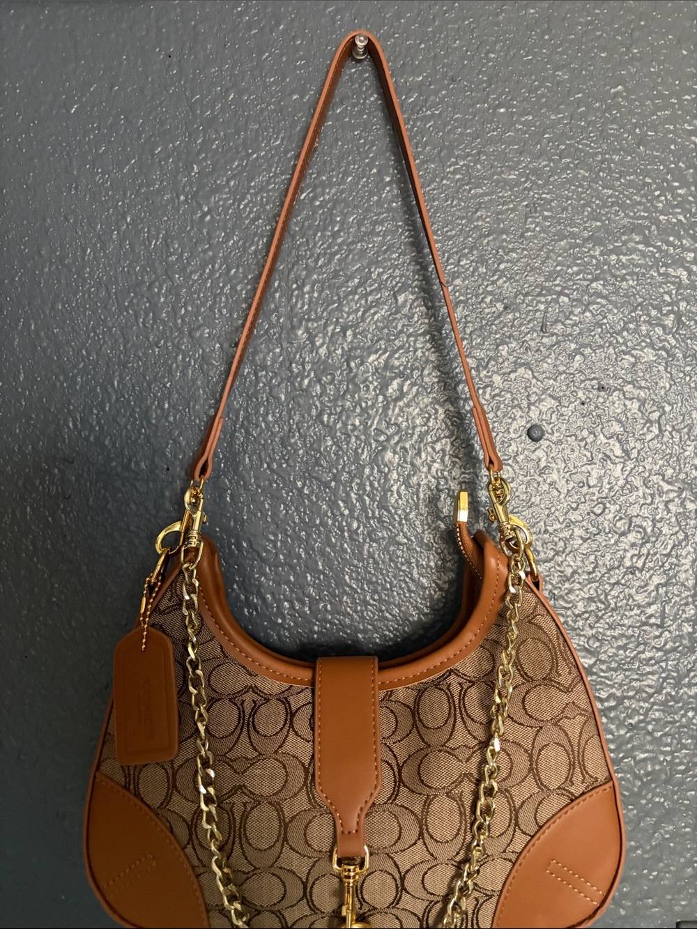 Coach Tan/Brown Signature Jacquard Shoulder Bag with Gold Hardware